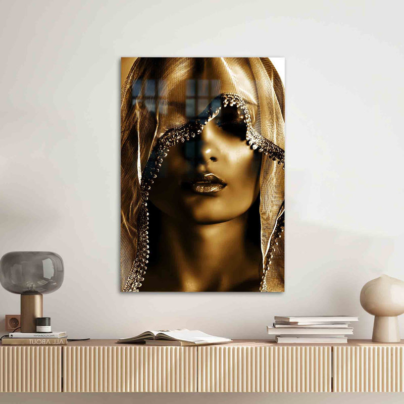 Art mural en verre trempé doré avec un portrait de femme moderne pour une décoration élégante, H 31,5 po x l 47,2 po