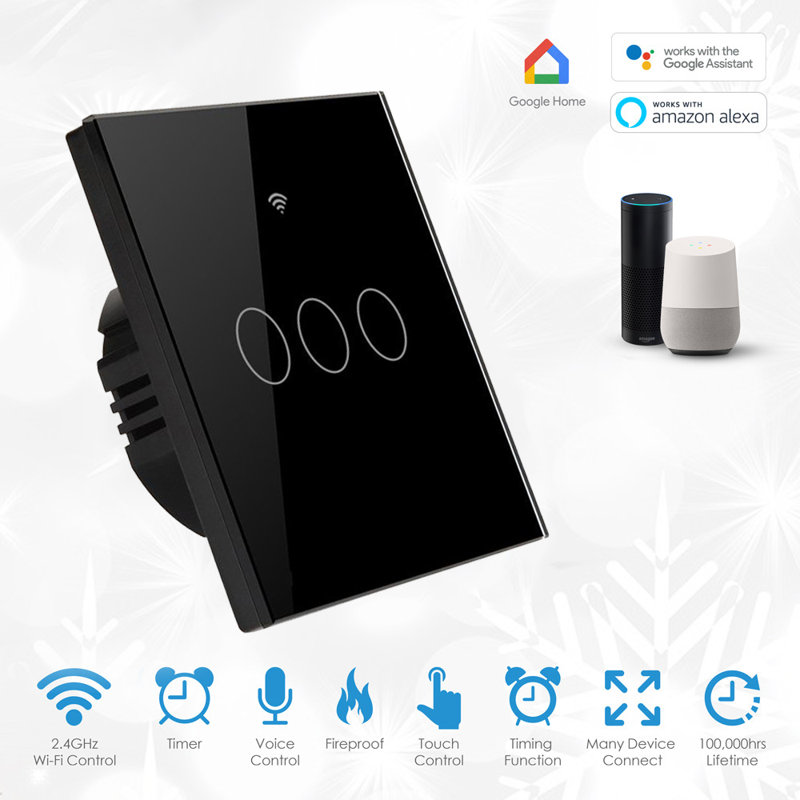 Ener-J 3 Gang Smart WiFi Touch Light Switch No Neutral Required Black Glass 1800W UK Home Lighting Control