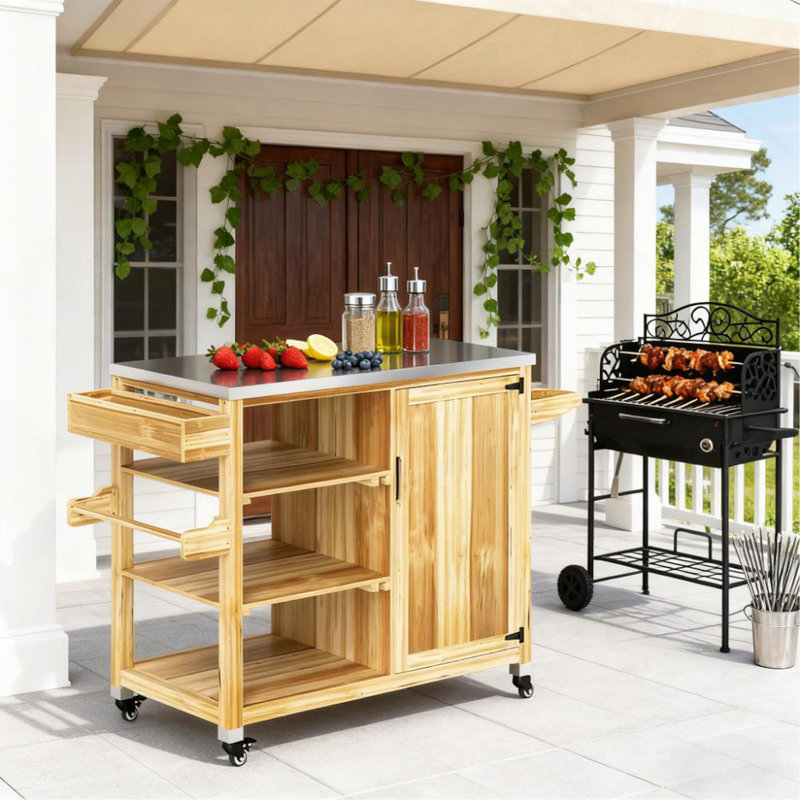 Îlot de cuisine d'extérieur polyvalent en bois massif avec chariot de barbecue, plateau en acier inoxydable et roulettes