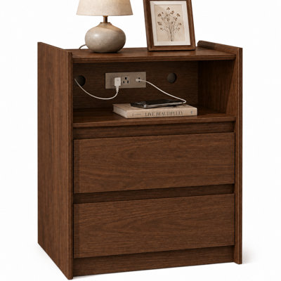 Modern 2-Drawer Nightstand with Charging Station and Open Shelf