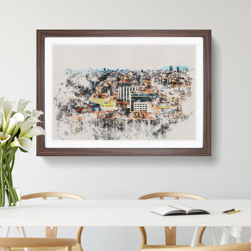 Rooftops of Barcelona in Spain Watercolour - Picture Frame Graphic Art, 27cm H x 36cm W x 2cm D, Walnut Framed