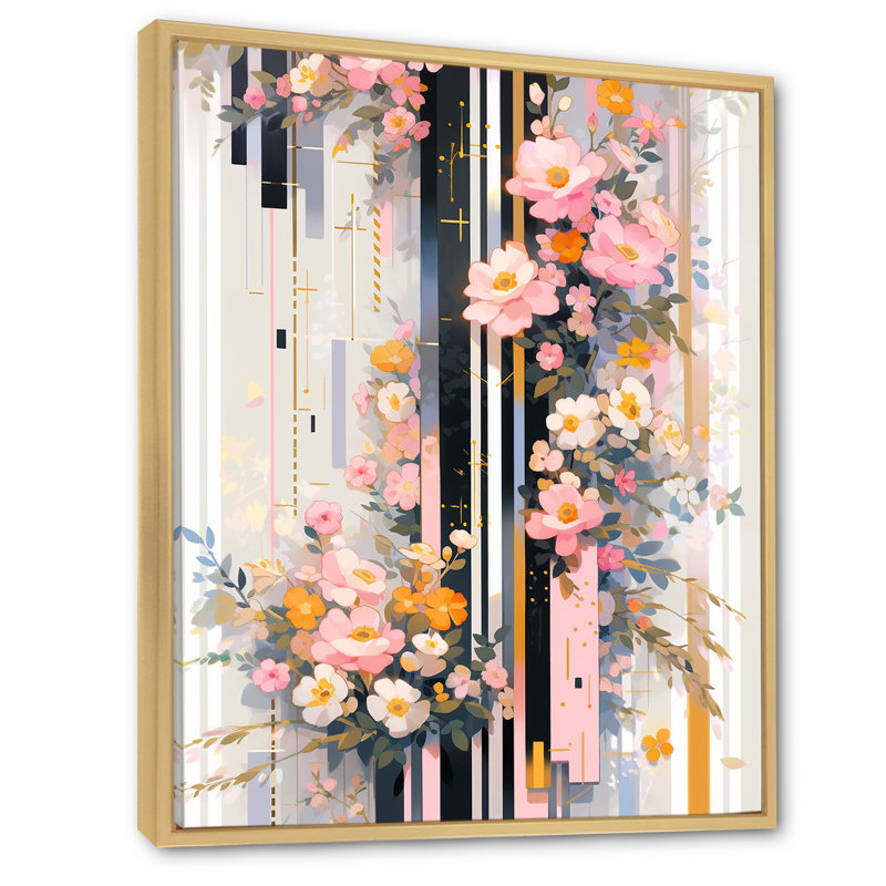 Fleurs de cerisier rose moderne - Bold Stripes III - Assortiment de bouquets d'art mural, Cadre flottant naturel