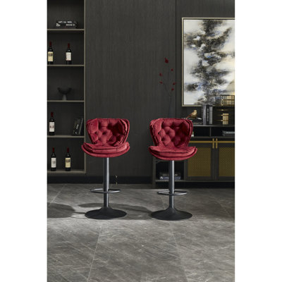 2pcs Red Bar Stool, Height Adjustable With Swivel, Velvet Upholstery, Foam Filled, Metal Structure, Non-slip Rubber Base, For Kitchen & 2 Stools, Swivel And Design, Upholstered, Filled Seat, Frame