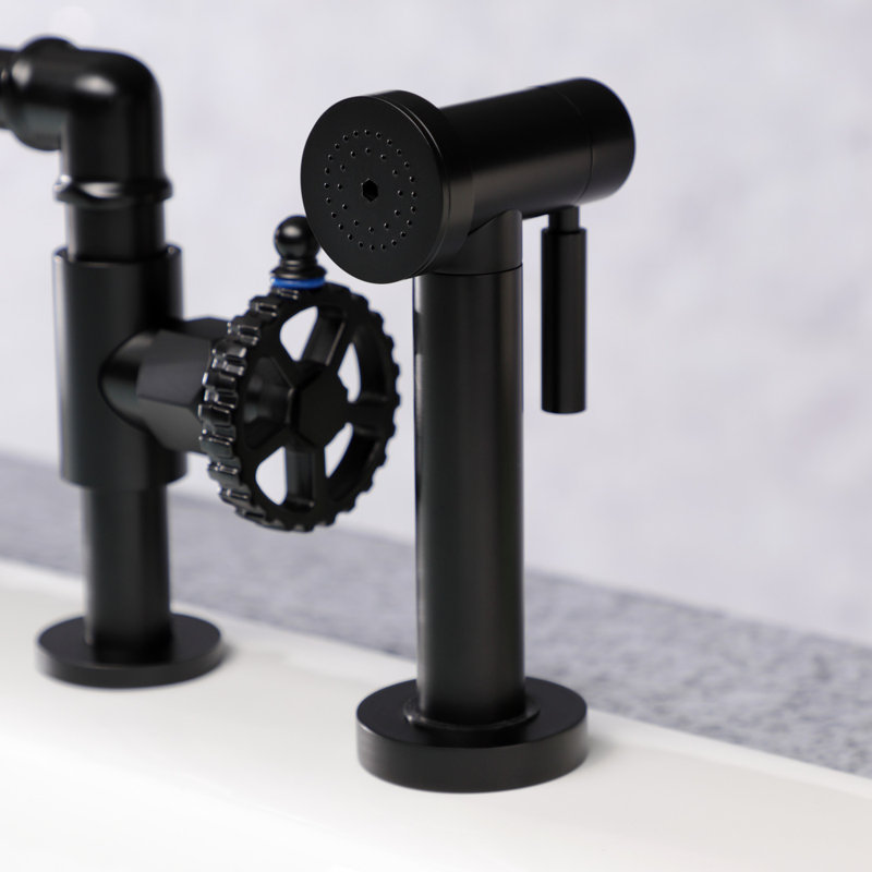 Kingston Brass Fuller Two-Handle 4-Hole Deck Mount Industrial Style Bridge Kitchen Faucet with Side Sprayer, Matte Black