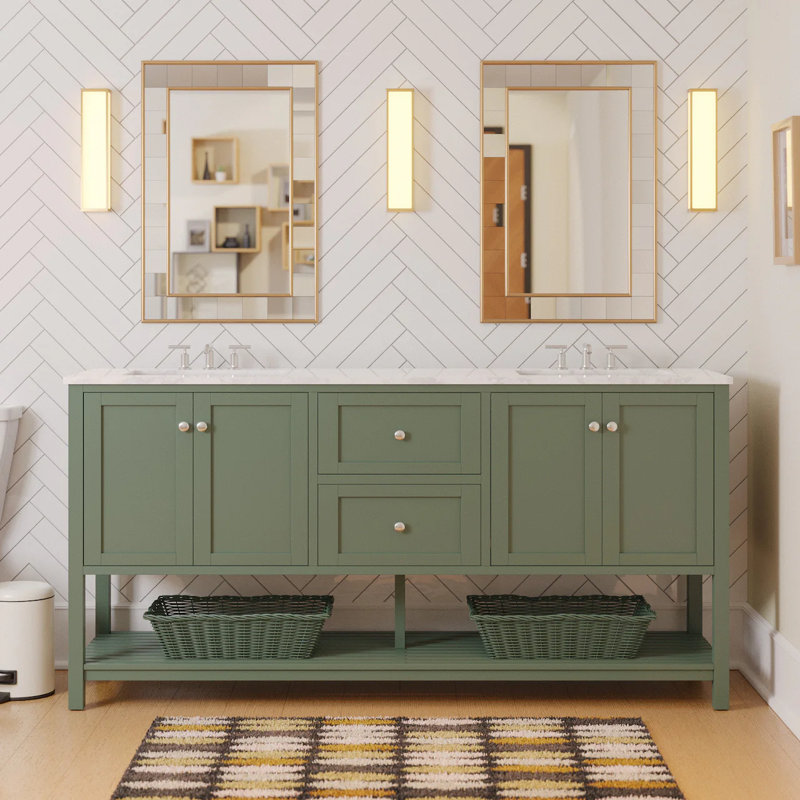 Binne 72'' Double Bathroom Vanity with Top, Sage Green, Engineered Carrara