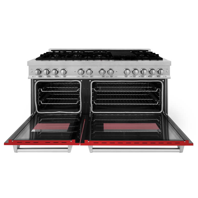 ZLINE 60" Legacy Dual Fuel Range, Satin Stainless Steel and Red Matte