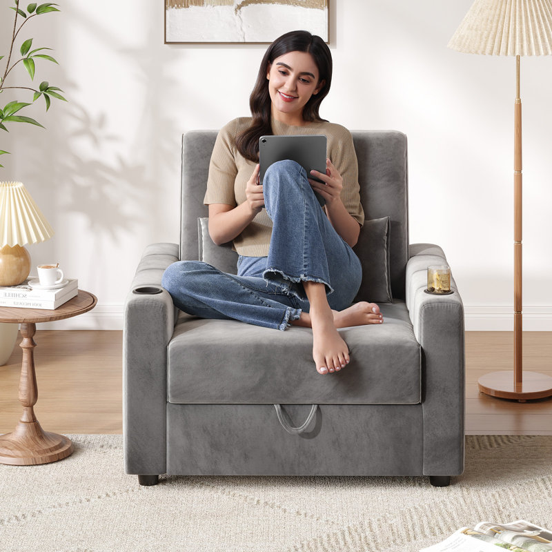 39" Wide Upholstered Accent Chair With Storage, Comfy Velvet Single Chair With USB Charging Ports & Cup Holders, Gray