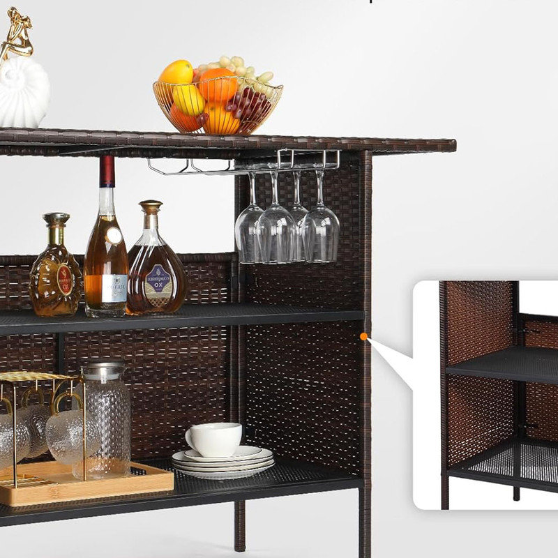 Modern Outdoor Wicker Bar Counter Table with Steel Shelves - Brown