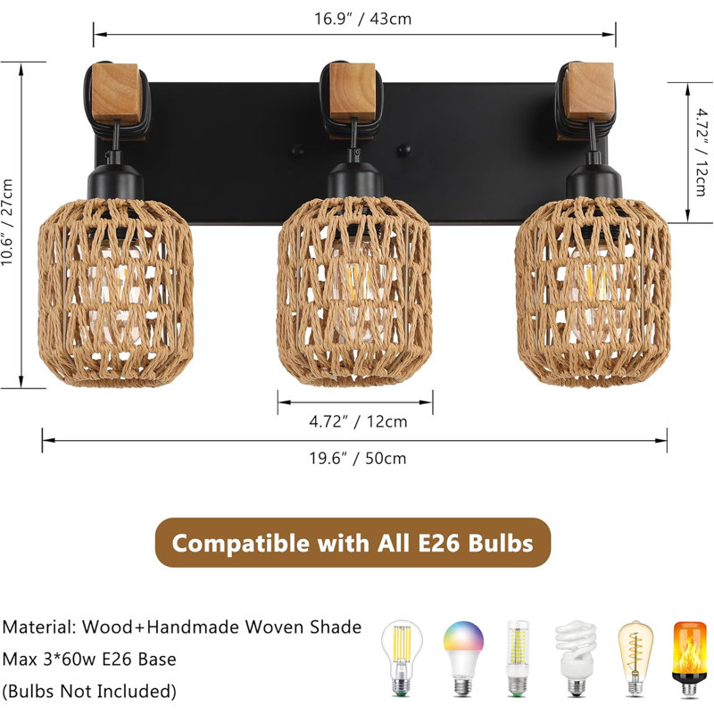 Luminaire de salle de bain 3 lumières en rotin sur miroir rustique