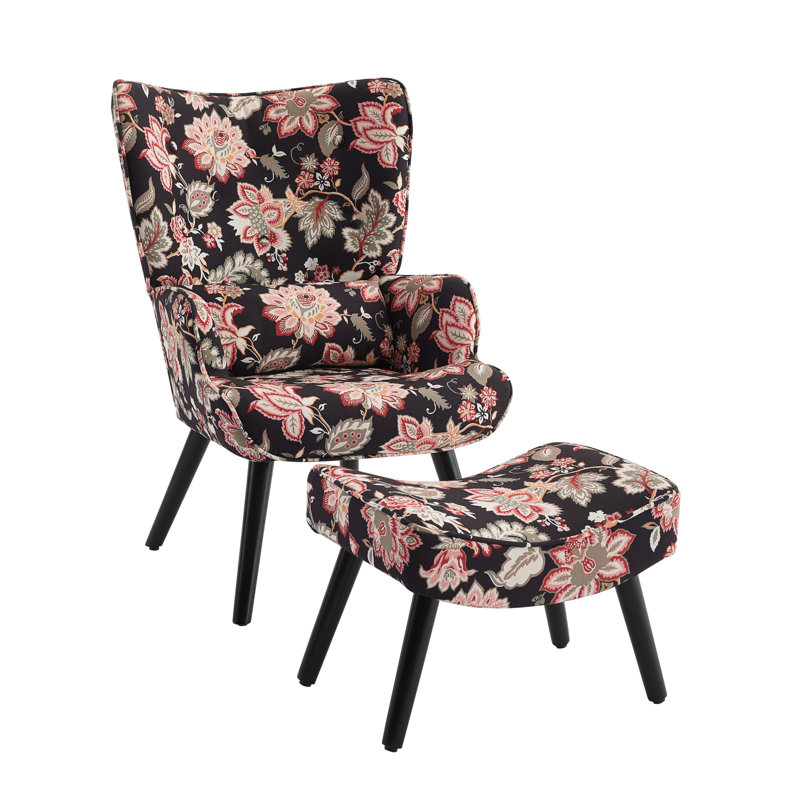 Kade Upholstered Armchair with Footstool, Black/Red Floral