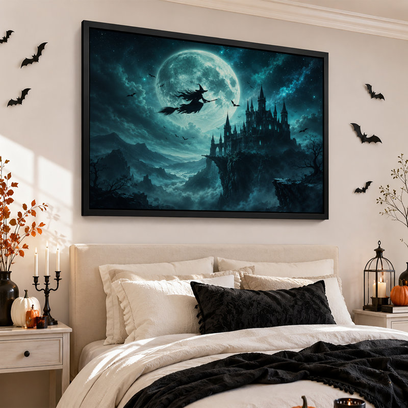 Sorcière volant au-dessus d'un château gothique sous un grand art mural bleu d'Halloween, H 20 po x l 30 po