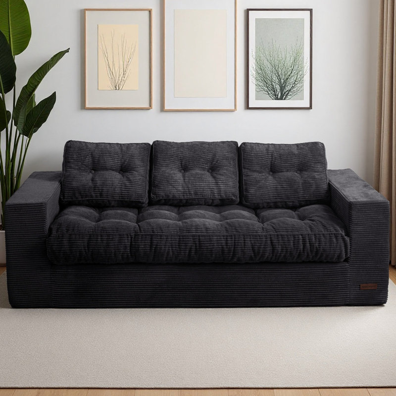 Boneless 3 Seater Beige Couch For Living Room Boneless Couch With Tufted Cushion And Backrest Upholstered Floor Sofa