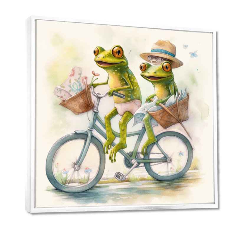 Grenouilles vertes chevauchant un vélo, H 30 po x l 30 po, Cadre flottant blanc