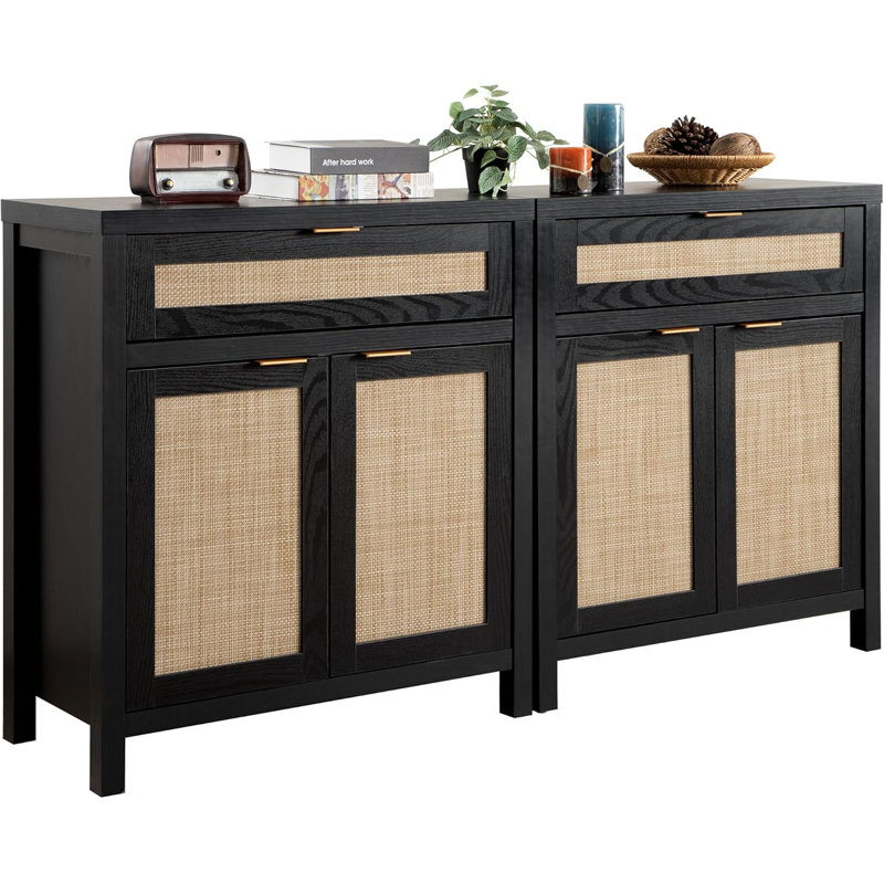 The Sideboard Buffet Storage Cabinet Set of 2, Rattan Credenza Buffet Table, Black/Oak