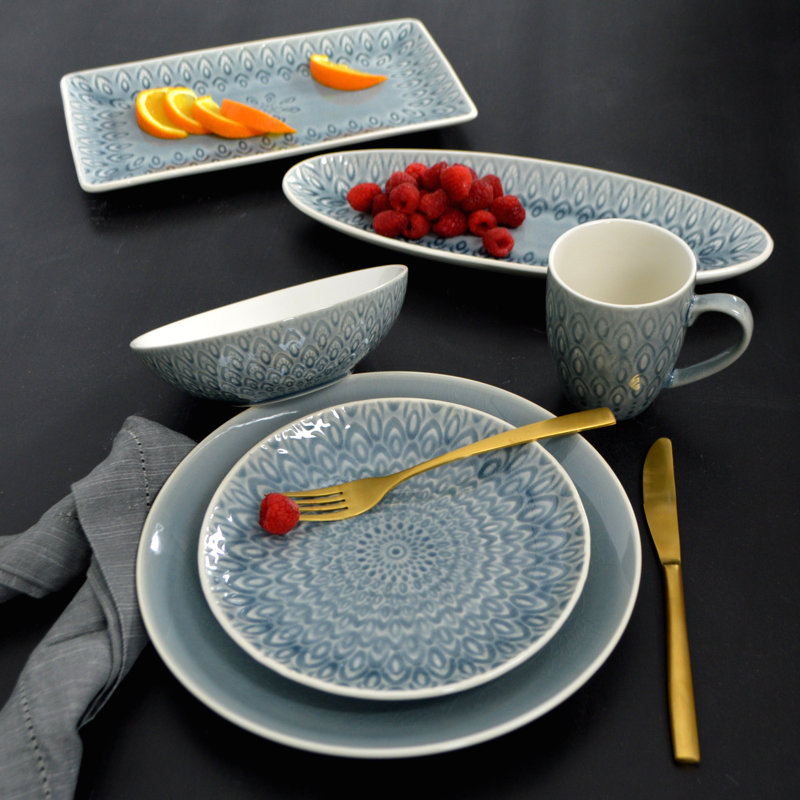 Gray Ceramic Peacock Rectangular Serving Platter
