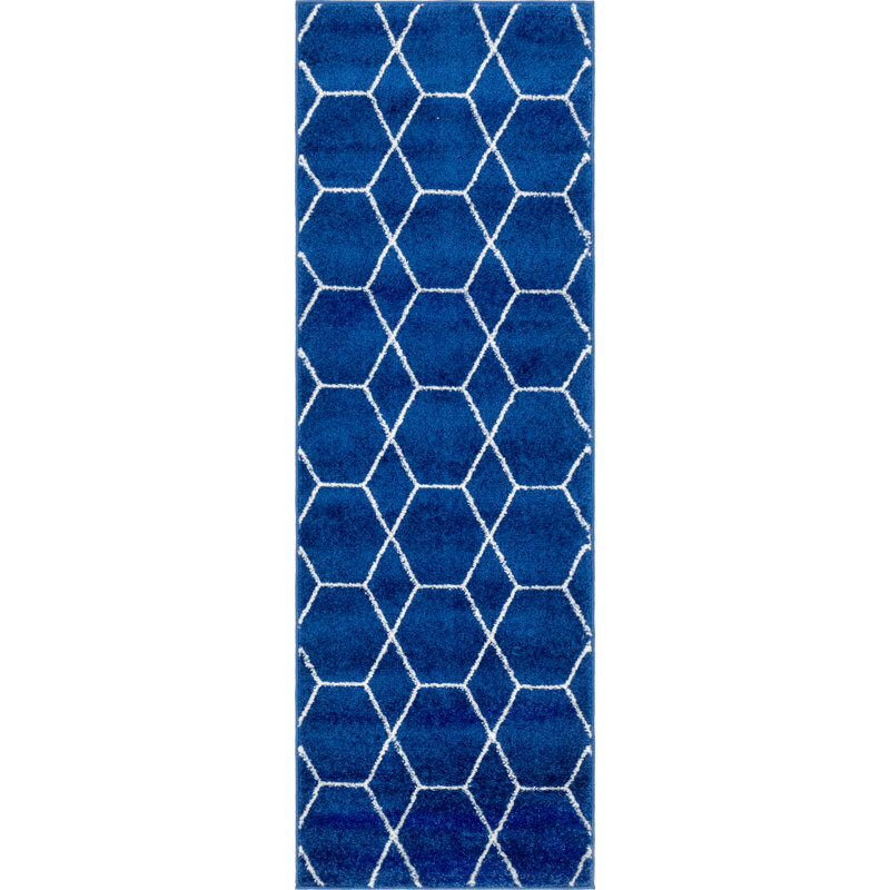 Tapis bleu marine à motif géométrique Debrodie, Tapis de couloir 2 pi x 9 pi