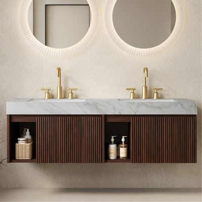 Meuble-lavabo de salle de bain 152 cm avec lavabo intégré, meuble de rangement suspendu, comptoir en pierre frittée gris Carrara veinée et 2 lavabos en céramique avec 3 trous pré-percés pour robinetterie, démonté, robinetterie et bonde non inclus, finition noyer.