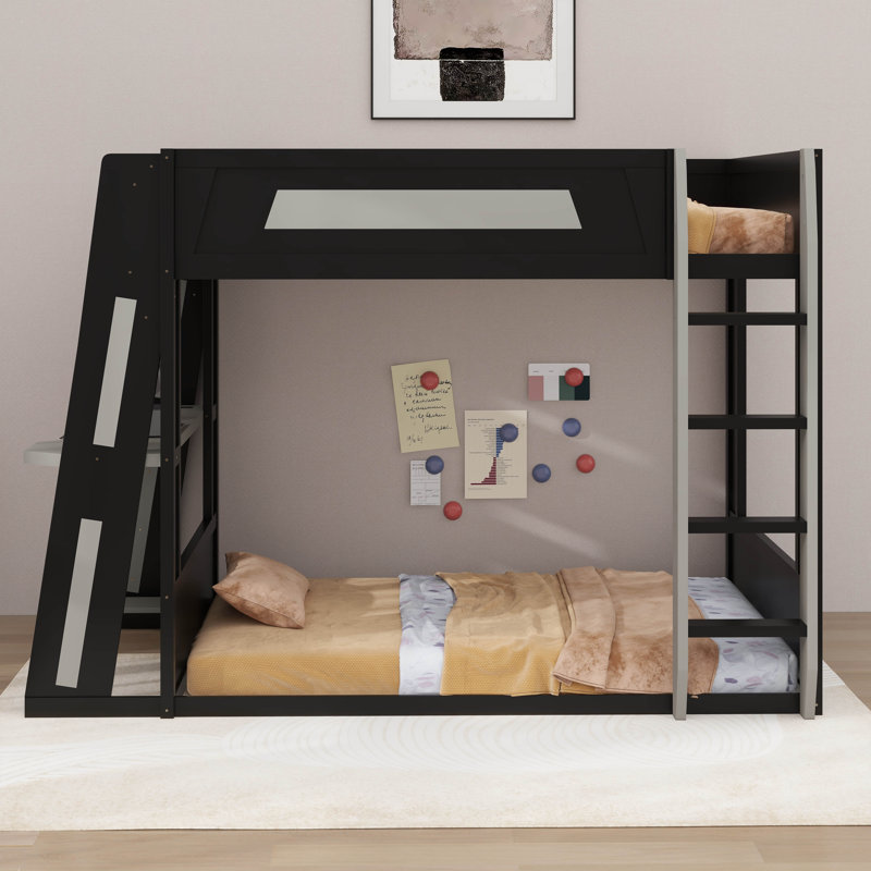 Lit superposé en bois avec bureau, deux tablettes de rangement, USB et lumière DEL, Queen, Noir/gris