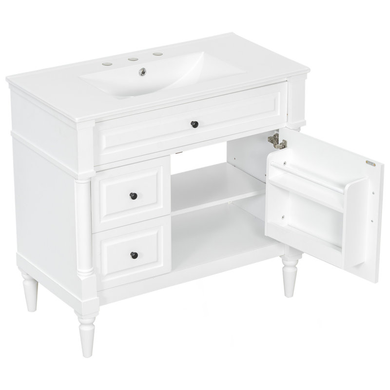 36" Bathroom Vanity With Sink, Freestanding Bathroom Cabinet With Ceramic Basin, Flip Drawer, Adjustable Shelf, Rubberwood Frame & MDF Panels, Metal Handles, White Painted Finish