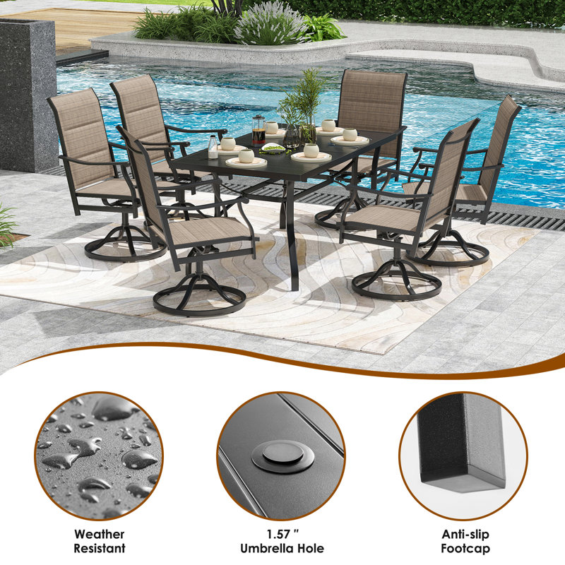 6 Person Outdoor Metal Table Swivel Dining Chair Set, Brown