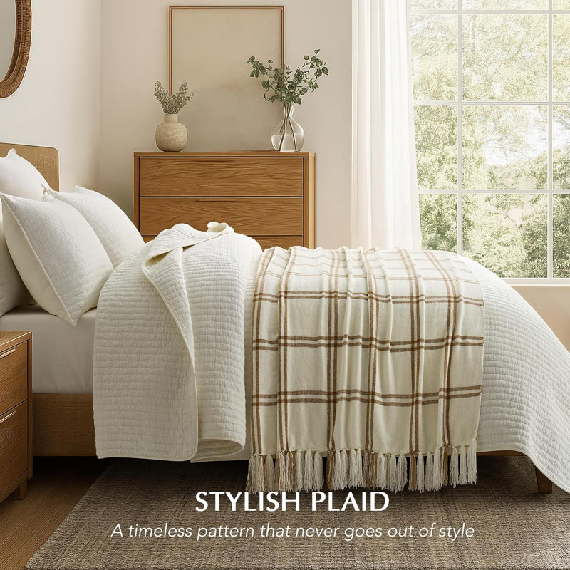Soft Chenille Throw Blanket, 60" L x 50" W, Cream/Beige Plaid