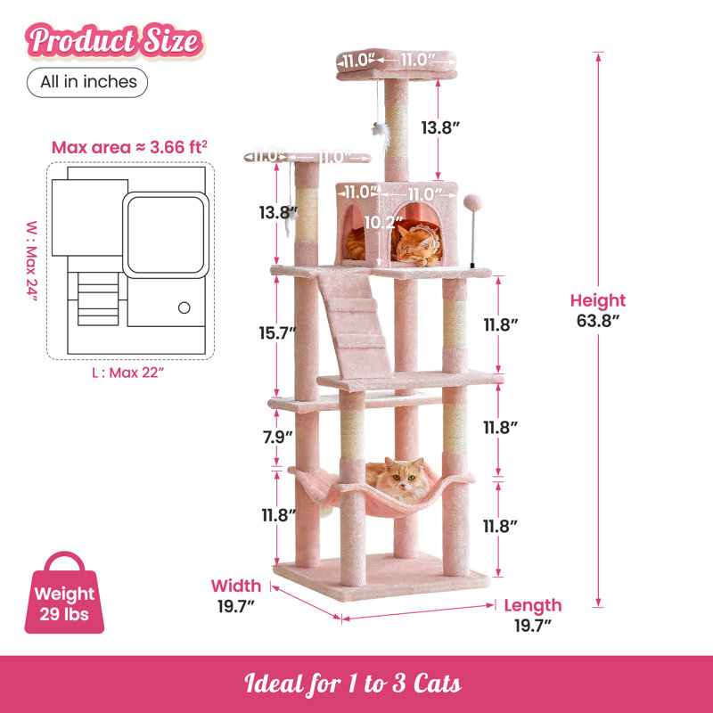 63.8-Inch Pink Multi-Level Sisal Cat Tree Tower