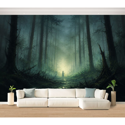 Wall Mural Peel and Stick Wallpaper misty forest Dark tree silhouette Tree tricks Fog night forest Spooky Self-Adhesive Removable Contact Paper Wall Decor for Living Room Bedroom 100"H x 144"W