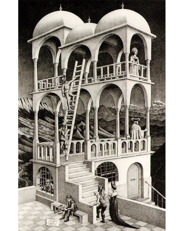 Belvedere par M.C.Escher, toile tendue avec châssis, H 40 po x l 28 po
