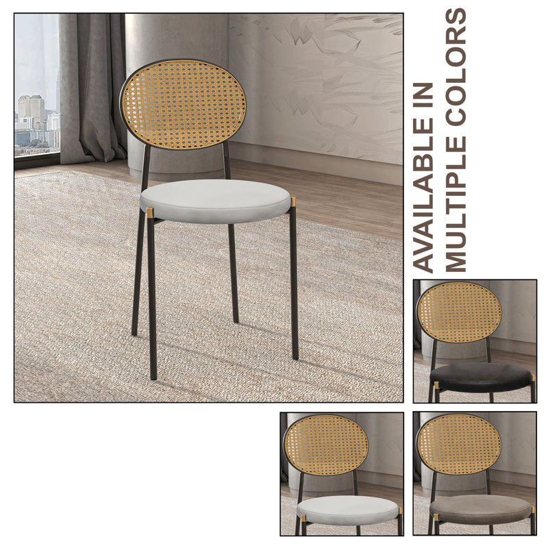 Aide Leather Dining Side Chair with Rattan Back and Black Metal Legs – Mid-Century Boho Chair for Kitchen and Dining Room