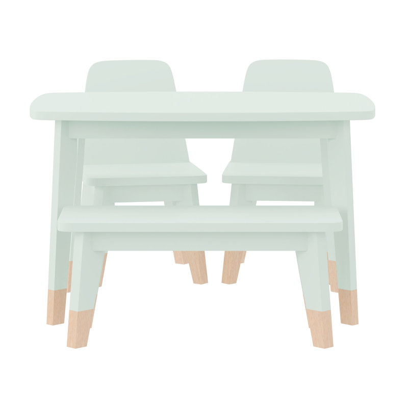 Kids 4-Piece Wood Seating Set With Table, 2 Chairs, And Bench Seat For 2, Green