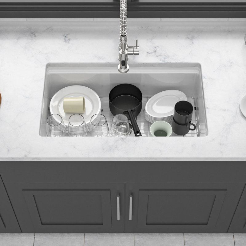 Undermount Kitchen Sink Workstation, 33" White Porcelain Ceramic Single Bowl Dual Mount Kitchen Sink