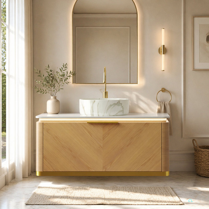 Meuble-lavabo de salle de bain 36 po DIPA, armoire de rangement en contreplaqué flottant, tiroir avec poignée et capteur de lumière, vasque en céramique à motif de pierre et plateau en pierre frittée, pré-assemblé