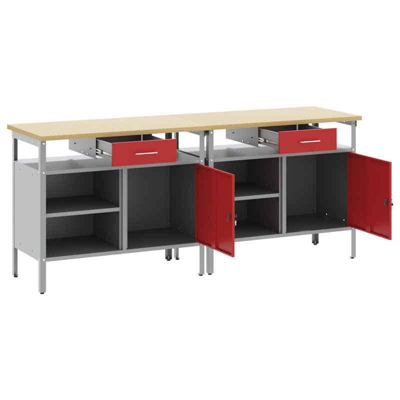 Work Bench Set Height Adjustable with Shelf Powder-Coated Steel, Red