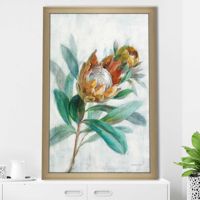 Tropical Protea - Peinture, Encadrement champagne, H 39,5 po x l 27,5 po x P 0,75 po
