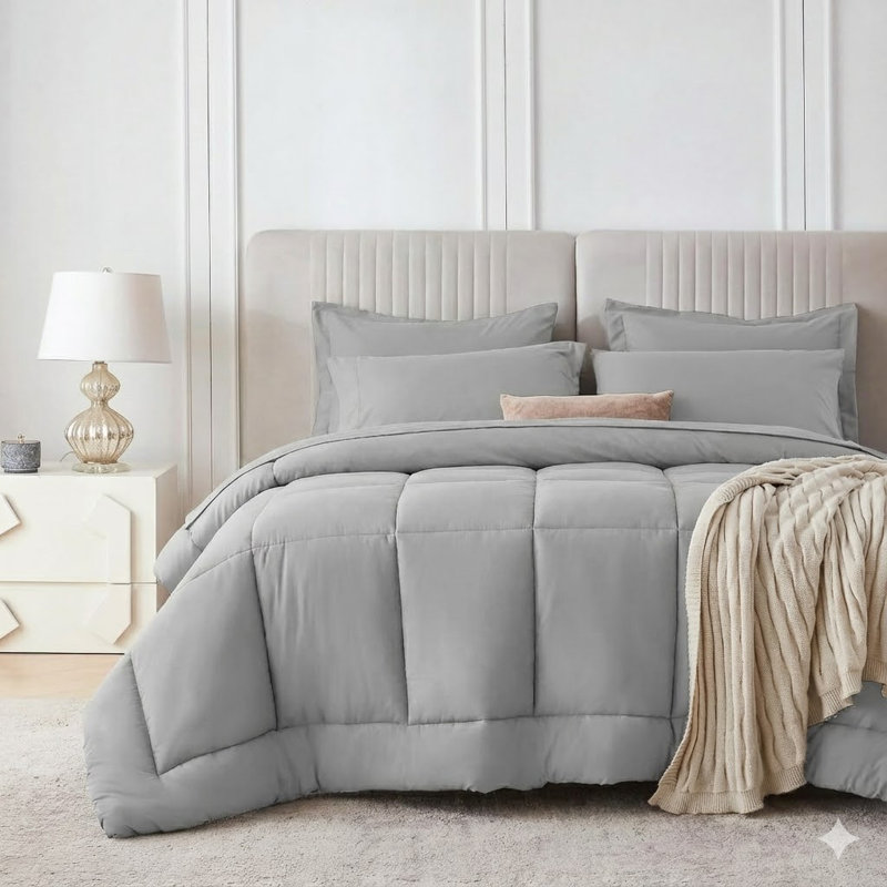 Cotton Blend Box Stitch Comforter, King Comforter + 4 Additional Pieces, Light Gray