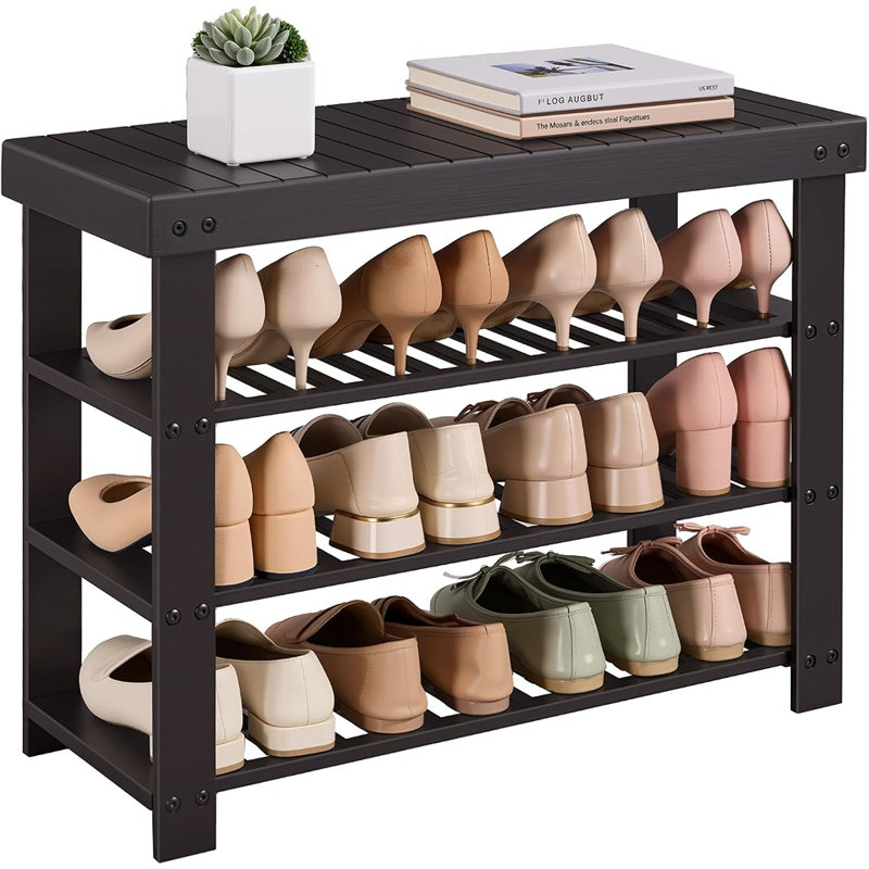 Banc à chaussures en bambou avec siège, range-chaussures à 4 niveaux avec 3 tablettes de rangement, noyer rustique, étagère de rangement en bambou naturel