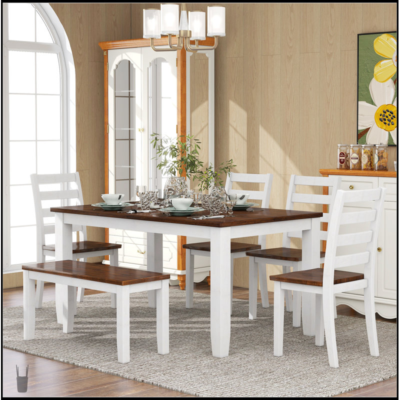 Ensemble de table de salle à manger 6 pièces avec 4 chaises ergonomiques et banc, design chic et rustique pour le confort et le style