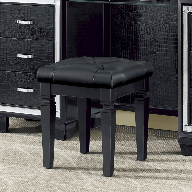 Luxury Vanity Stool For Bedroom, 1Pc Black Finish, Faux Leather Upholstered Seat, 17"X17" Dimensions, Wood Frame, Foam Cushioned Modern Button - Leather, Seat Size,