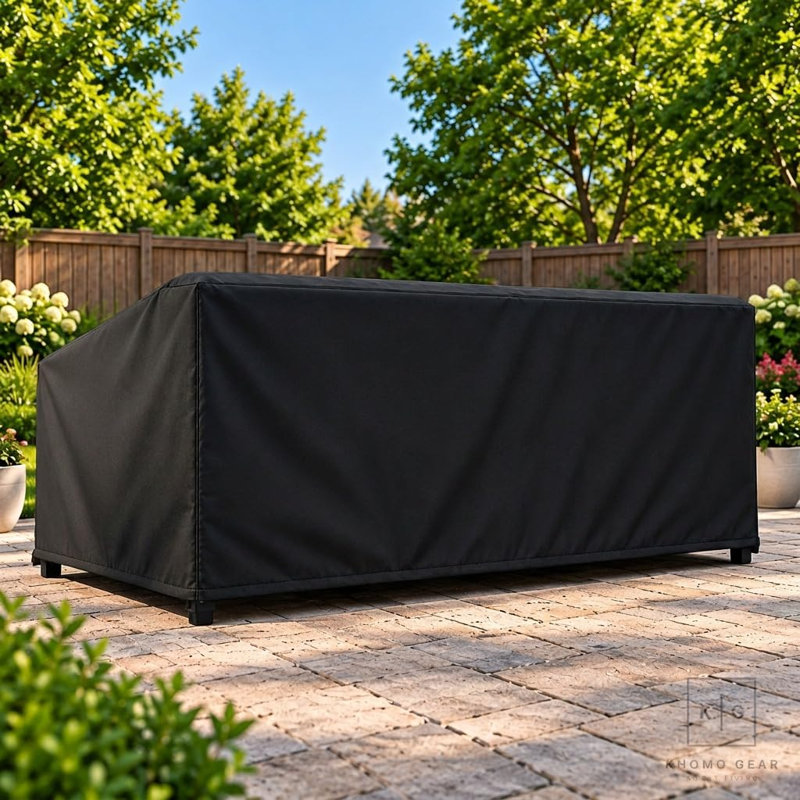 Housse de canapé de patio résistante aux intempéries avec protection en PVC respirante et durable, ourlet élastique réglable, sangles à fermeture par clic et trous