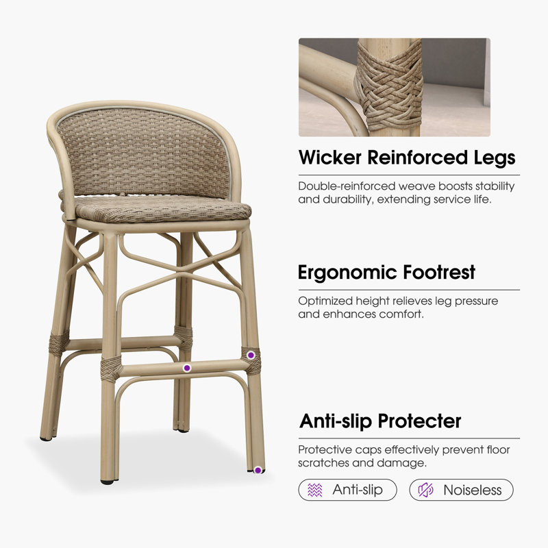 Tabouret de bar extérieur en rotin PE style campagne française PURPLE LEAF avec accoudoirs ergonomiques (1 chaise), Beige