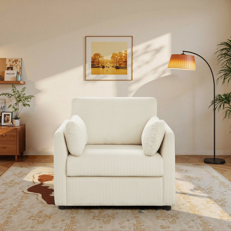 38" Modern Corduroy Accent Chair with 2 Pillows & Side Pocket, Beige Corduroy