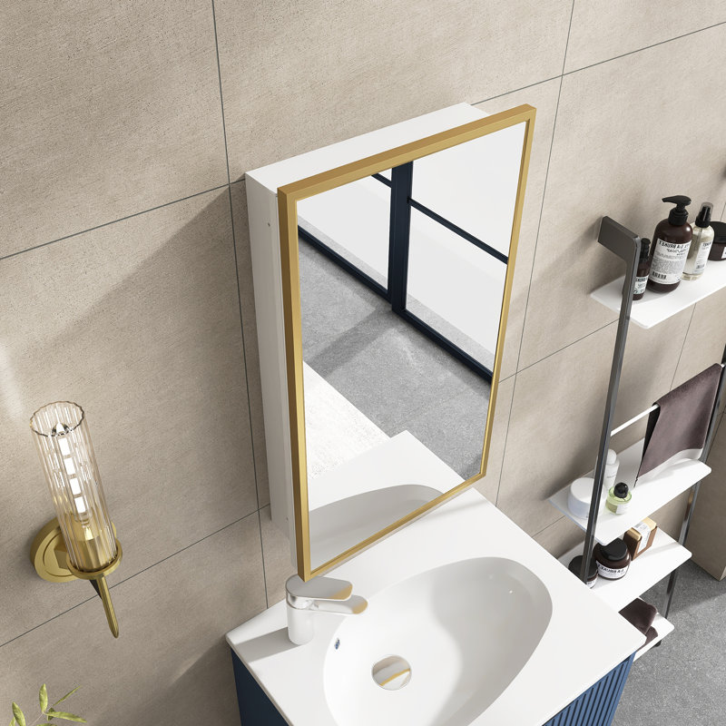 16 In. W X 28 In. H Wall-Mounted Or Recessed Gold Framed Storage Bathroom Medicine Cabinet With Mirror