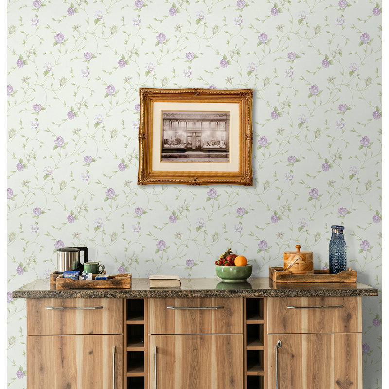 Seabrook Designs Parterre Floral Trail Unpasted Wallpaper, Metallic Ivory/Lavender