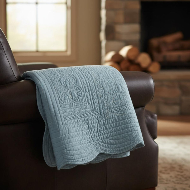 Jeté matelassé surdimensionné à bords festonnés bleu 60 x 72 pouces