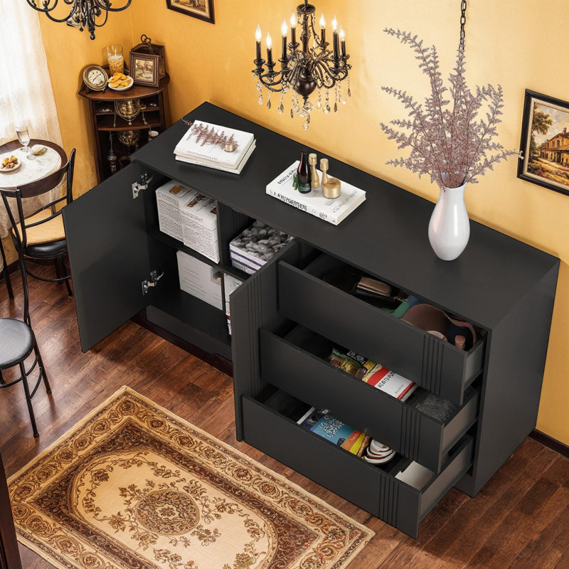 Buffet polyvalent avec 3 tiroirs et 2 portes doubles, Noir