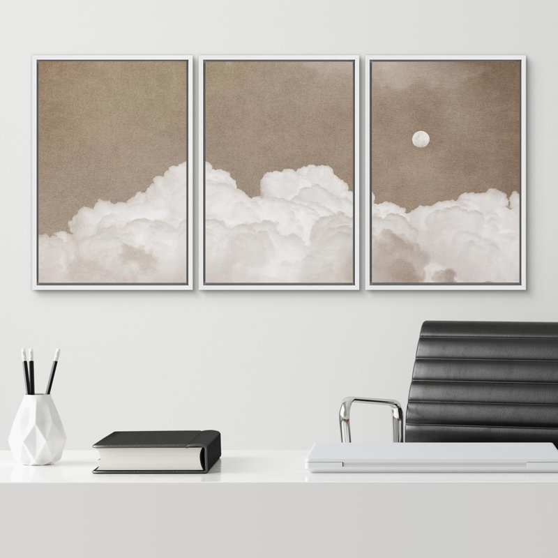 «Douceur céleste ciel nuageux et nuit abstraite au clair de lune», 3 pièces, H 24 po x l 16 po, Blanc