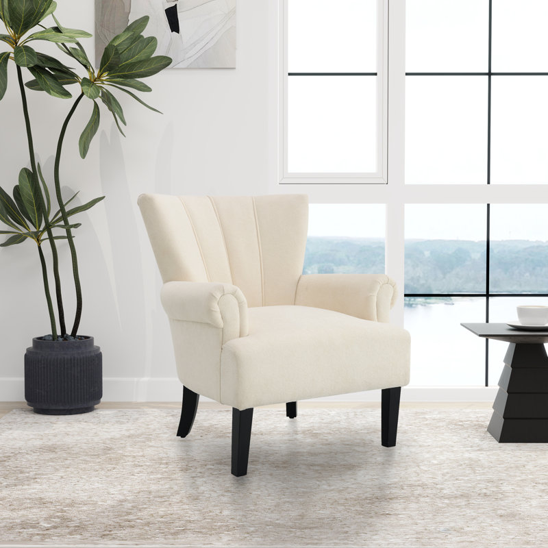 28.98" W Upholstered Wingback Channel Tufted Rolled Arm Accent Armchair, Beige Polyester