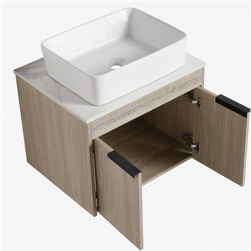 Ensemble de meuble-lavabo flottant 24 po avec lavabo en céramique, meuble-lavabo mural en chêne blanc avec porte