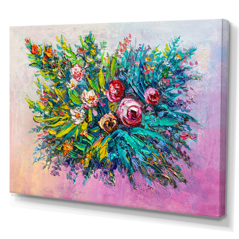Peinture multicolore de marguerites - œuvre d'art traditionnelle sur toile, H 16 po x l 32 po x P 1 po, Toile tendue
