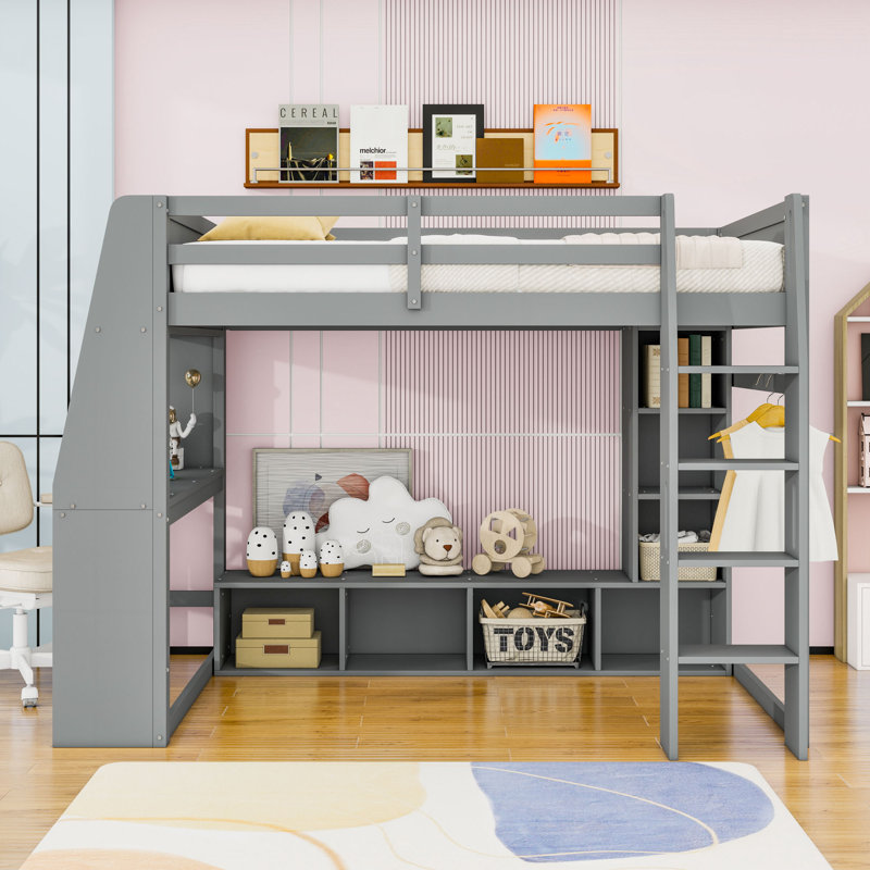 Lit mezzanine en bois avec bureau et porte-vêtements suspendu à DEL, Double
